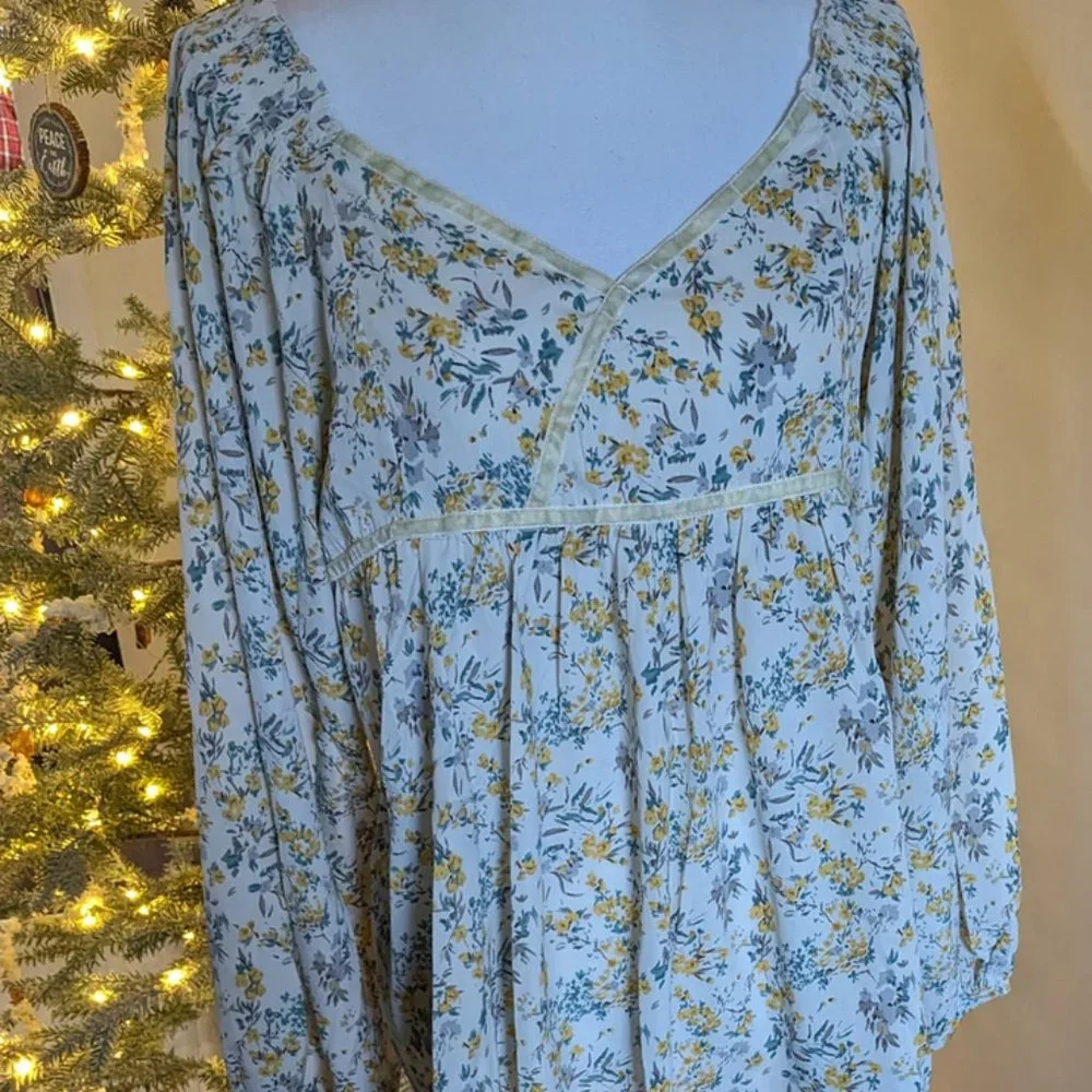 Umgee NWT flowy floral yellow babydoll blouse tie velvet trim S loose T2 - Picture 1 of 5